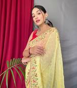 Yellow Georgette Embroidery Sequence Work Saree,Blouse-not As Per Image