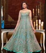  Light Blue Heavy Embroidered Butterfly Net Anarkali Gown