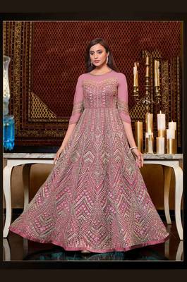 Light Pink Heavy Embroidered Butterfly Net Anarkali Gown 1
