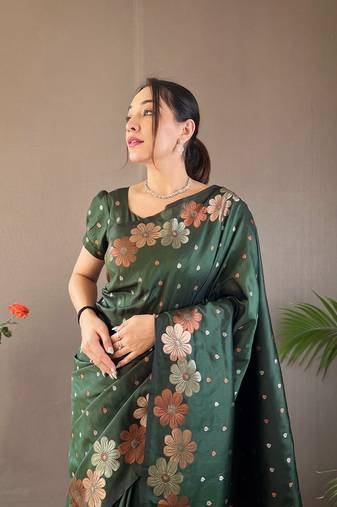 Green Soft Silk Copper And Gold Weaving Saree