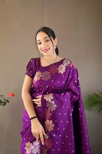 Wine Soft Silk Copper And Gold Weaving Saree
