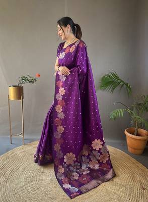 Wine Soft Silk Copper And Gold Weaving Saree 3