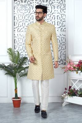 yellow jaqurd silk sherwani 1