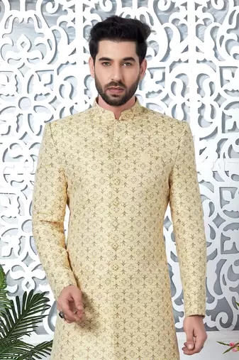 yellow jaqurd silk sherwani