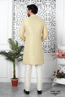 yellow jaqurd silk sherwani 3