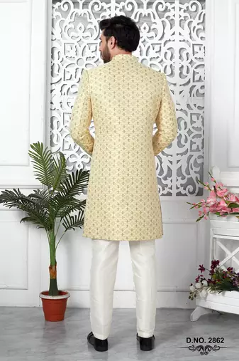 yellow jaqurd silk sherwani