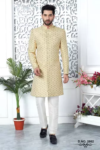 yellow jaqurd silk sherwani