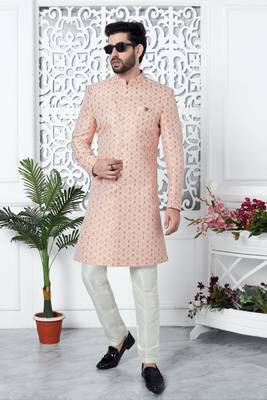 pink jacquard silk sherwani 1