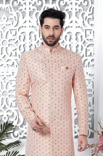 pink jacquard silk sherwani