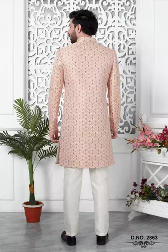 pink jacquard silk sherwani
