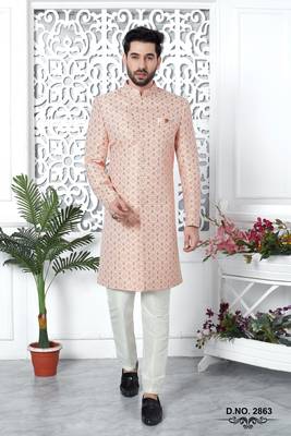 pink jacquard silk sherwani 4