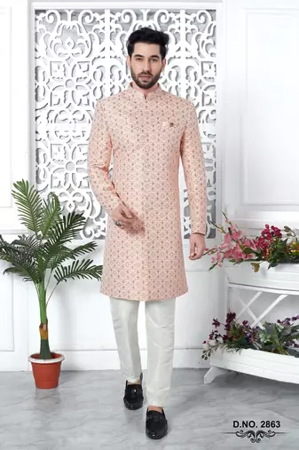 pink jacquard silk sherwani