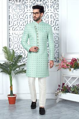 green jaqurd silk sherwani 1