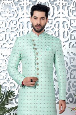 green jaqurd silk sherwani 2