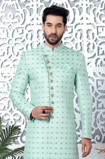 green jaqurd silk sherwani