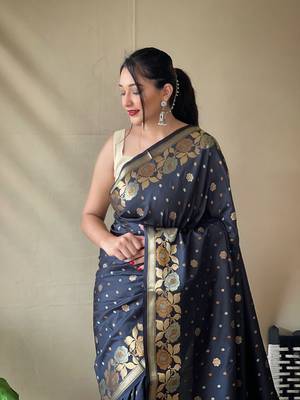 Black Soft Silk Sarees With Gold Zari Weaving Saree,Blouse-not As Per Image 1