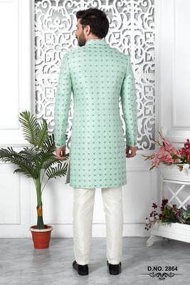 green jaqurd silk sherwani 3