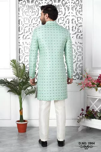 green jaqurd silk sherwani