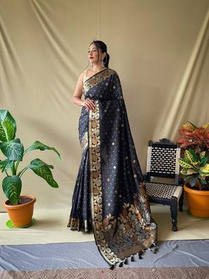 Black Soft Silk Sarees With Gold Zari Weaving Saree,Blouse-not As Per Image 2