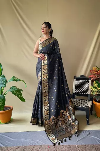 Black Soft Silk Sarees With Gold Zari Weaving Saree,Blouse-not As Per Image
