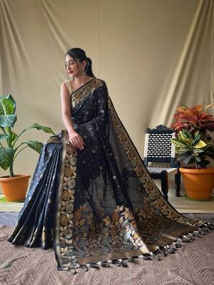 Black Soft Silk Sarees With Gold Zari Weaving Saree,Blouse-not As Per Image 3