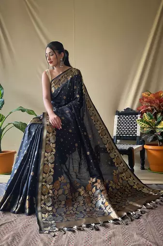 Black Soft Silk Sarees With Gold Zari Weaving Saree,Blouse-not As Per Image