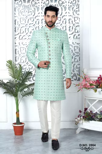 green jaqurd silk sherwani
