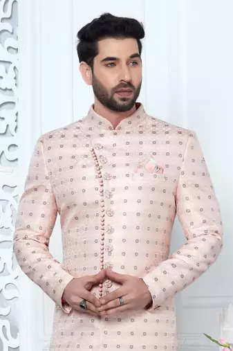 pink jaqurd silk sherwani