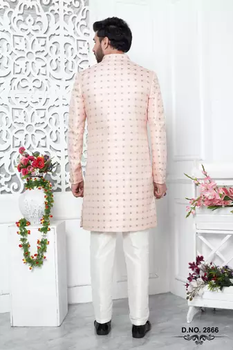 pink jaqurd silk sherwani