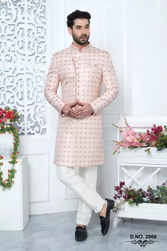 pink jaqurd silk sherwani