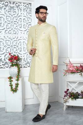 yellow computer thread work on art silk sherwani 1