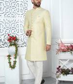 Yellow computer thread work on art silk indo-western