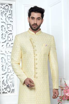 yellow computer thread work on art silk sherwani 2