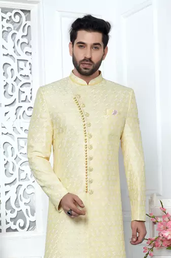 yellow computer thread work on art silk sherwani