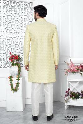yellow computer thread work on art silk sherwani 3