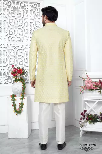 yellow computer thread work on art silk sherwani