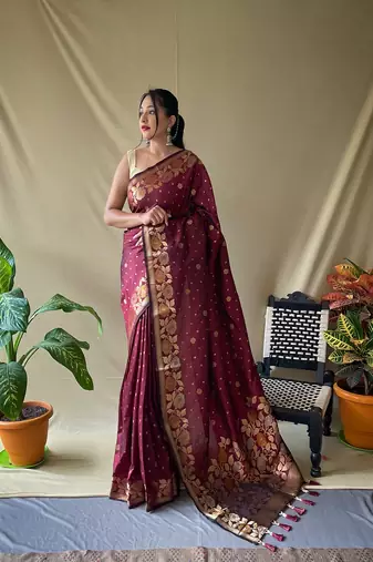 Brown Soft Silk Sarees With Gold Zari Weaving Saree,Blouse-not As Per Image