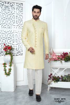 yellow computer thread work on art silk sherwani 4