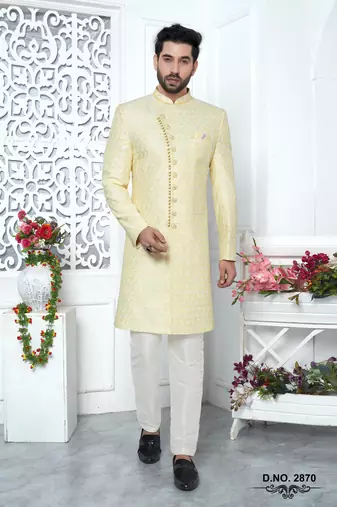 yellow computer thread work on art silk sherwani