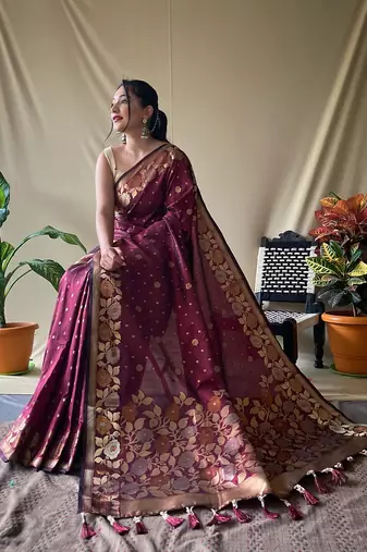 Brown Soft Silk Sarees With Gold Zari Weaving Saree,Blouse-not As Per Image