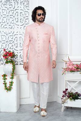 pink computer thread work on art silk sherwani 1