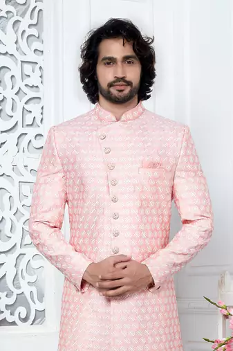 pink computer thread work on art silk sherwani