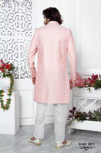 pink computer thread work on art silk sherwani