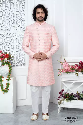 pink computer thread work on art silk sherwani