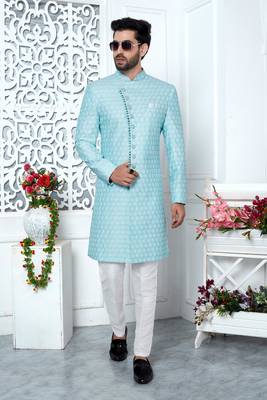 blue computer thread work on art silk sherwani 1