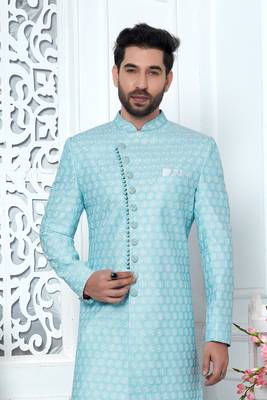 blue computer thread work on art silk sherwani 2