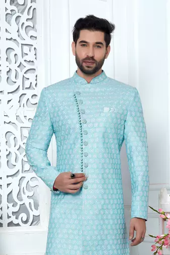 blue computer thread work on art silk sherwani