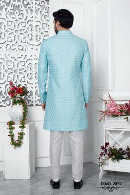 blue computer thread work on art silk sherwani 3