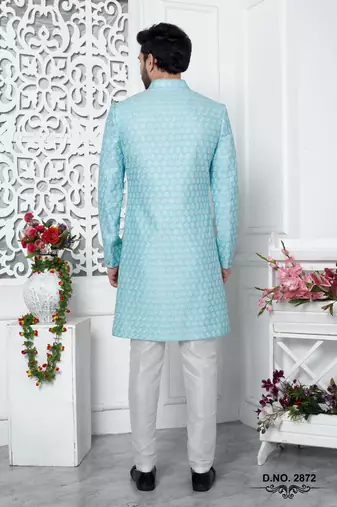 blue computer thread work on art silk sherwani