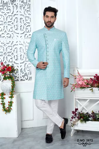 blue computer thread work on art silk sherwani